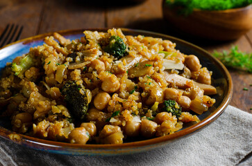 Quinoa with Chickpea, Mushrooms, and Broccoli, Healthy Meal, Vegetarian Food, Rustic Background