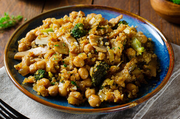 Quinoa with Chickpea, Mushrooms, and Broccoli, Healthy Meal, Vegetarian Food, Rustic Background