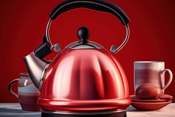 Red kettle with cups of tea - AI Generated