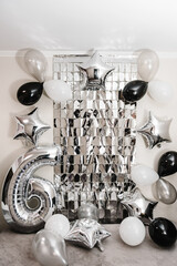 Photo wall, photo zone decoration white, black, silver balloons. Idea for decorating arch in luxury...