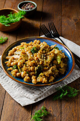 Quinoa with Chickpea, Mushrooms, and Broccoli, Healthy Meal, Vegetarian Food, Rustic Background
