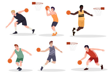 Fototapeta na wymiar Basketball player. African American and white men playing, guys jumping with ball, muscular basketball players in different playing positions.