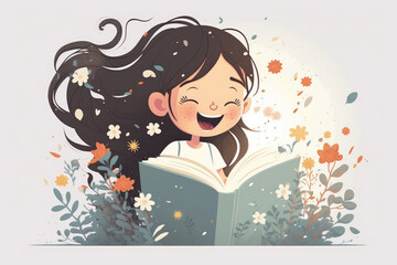 A joyful little girl found solace in the garden with her book and flowers. Generative AI.