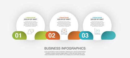 Infographic vector template for business. 3D paper label with three circles and steps. Flat modern timeline for content, diagram, presentation, workflow, chart.