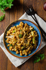 Quinoa with Chickpea, Mushrooms, and Broccoli, Healthy Meal, Vegetarian Food, Rustic Background