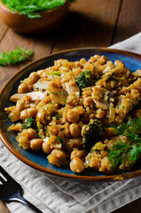 Quinoa with Chickpea, Mushrooms, and Broccoli, Healthy Meal, Vegetarian Food, Rustic Background