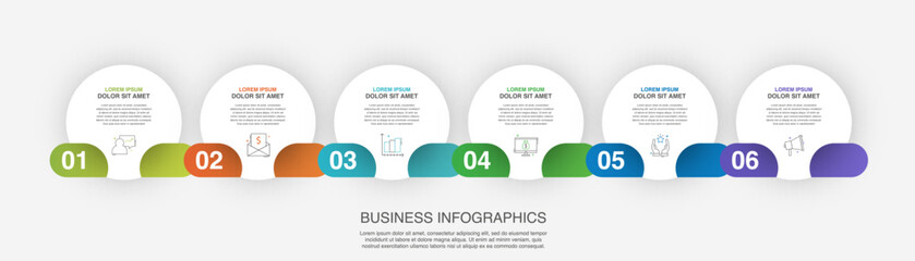 Infographic vector template for business. 3D paper label with 6 circles and steps. Flat modern timeline for content, diagram, presentation, workflow, chart.