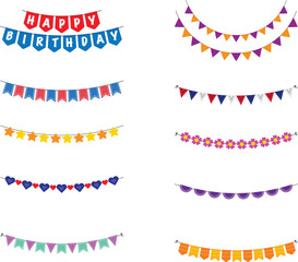 Obraz premium Bunting flag. Festival and birthday party flag decor celebration for children or a birthday, baby shower set on white background