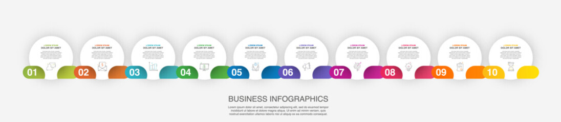 Infographic vector template for business. 3D paper label with ten circles and steps. Flat modern timeline for content, diagram, presentation, workflow, chart.