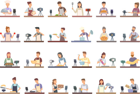 Culinary blog icons set cartoon vector. Business food. Family kitchen