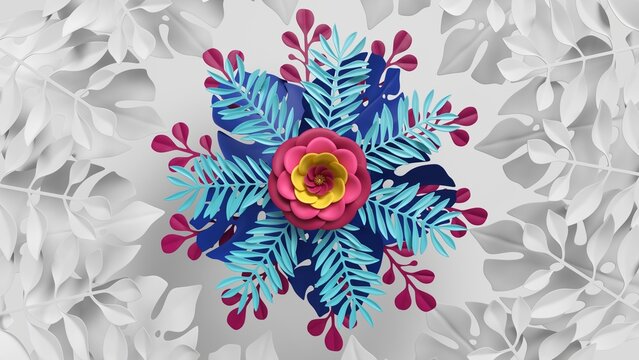 3d render, abstract background of floral kaleidoscope, blue pink paper flowers and tropical leaves, botanical ornament. Modern wallpaper