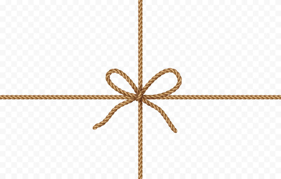 String bow isolated on transparent background. Vector cord, jute or twine rope knot. Parcel, package, box gift wrap element decor
