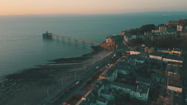 Aerial view of old Victorian ocean pier in Clevedon, Somerset, England