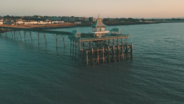 Aerial view of old Victorian ocean pier in Clevedon, Somerset, England