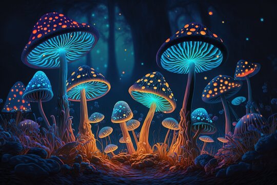 Abstract phychedelic mushroom in colorful neon lights. Generative Ai
