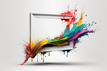 White frame on white background with multicolored splashes of bright colored paint on white background, copy space, space for text banner with frame template. Generative AI.