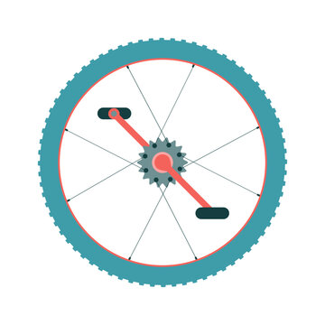 Bike wheel with chain ring and break pedals icon. Sport gear spare parts. Cycling equipment sign. Vector illustration.