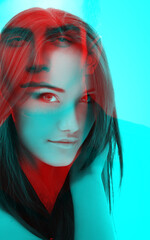 Trendy young man in black shirt, portrait of sexy fashion boy looking right over dark blue