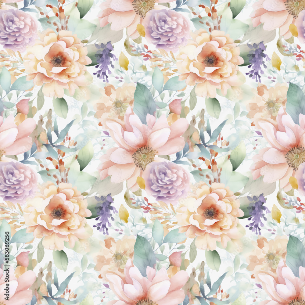 Wall mural A seamless floral watercolor pattern with pink flowers and succulents. Generative ai