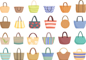 Beach bag icons set cartoon vector. Summer fashion. Travel girl