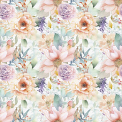 A seamless floral watercolor pattern with pink flowers and succulents. Generative ai - 583069256
