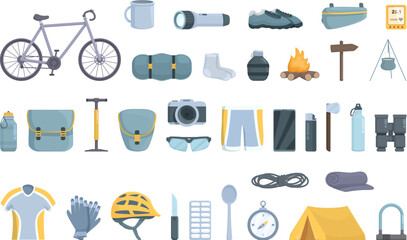 Bike trip icons set cartoon vector. Camp tool. Safety travel