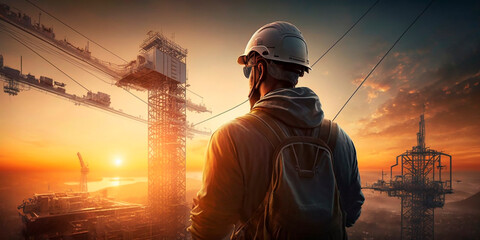 Fototapeta na wymiar Man builder in helmet and work clothes builds a multi-story building view from the back and looks at the sunset, the safety of work insurance, industry. Generative AI.