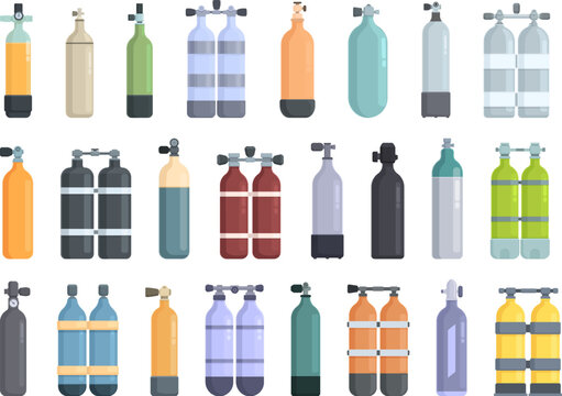 Diving cylinders icons set cartoon vector. Bottle gas. Water oxygen