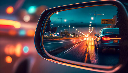 Reflection of the car on the road in the mirror of the car, generative AI.