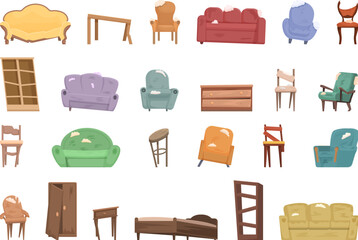 Broken furniture icons set cartoon vector. Interior room. Sofa old