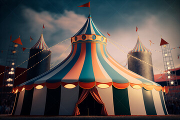 Fototapeta premium Circus Day, a festive red and white circus tent on the day of the festival against the backdrop of the city with people. Entertaining holiday concept and fun glowing lights. Generative AI.