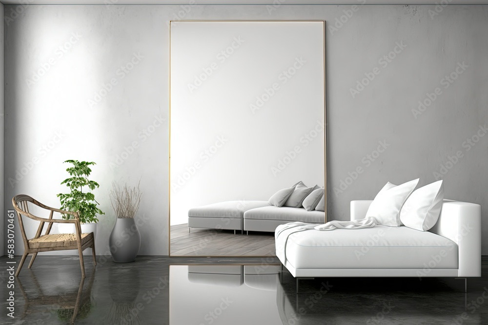 Sticker Beautiful clean interior with smal decorations, plants and mock frames on wall. Generative Ai