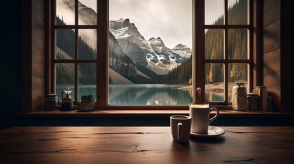 A cup of coffee with relaxing beautiful National park with mountain view Generative AI