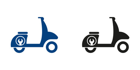 Fototapeta premium Moped Fixing Service Pictogram. Motorbike with Wrench and Screwdriver Repair Concept Silhouette Icon Set. Bike Maintenance Solid Symbol Collection on White Background. Isolated Vector Illustration
