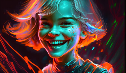 Fototapeta na wymiar portrait of a girl with a hair, A smiling girl, illustration, futurism, Generative AI