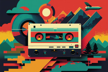 Flat retro design: Vintage music player, сassette, record, and musical mood | Generative AI Production