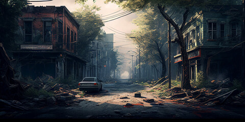 Fototapeta na wymiar Abandoned city post apocalypse empty street background. Generative AI