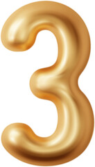 Golden chrome numbers three 3d realistic png. Metal golden glossy font number 3. Decoration for banner, cover, birthday or anniversary party invitation design