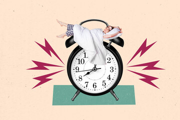 Photo collage of young relaxed funny girl wear pajama relaxing lying alert oclock good morning...