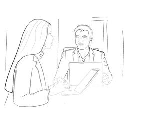Team work Man working in the office with a woman Vector storyboard. Business conference