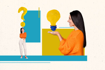 Composite art design picture collage decide woman thinking touch chin hold plasticine light bulb...