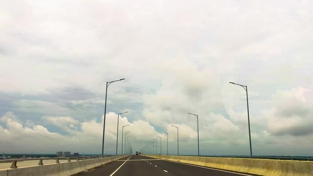 Driving across the big Padma Multipurpose Bridge over the Padma river in Bangladesh
