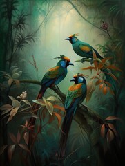 Bird of paradise in the forest with leaves and flowers illustration painting , Generative AI