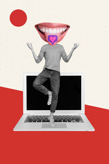 Creative collage photo of headless man stick tongue lick like share notification netbook user...