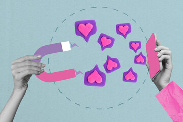 Photo banner creative collage advert of hands holding smartphone display magnetism popularity need more likes isolated on blue color background