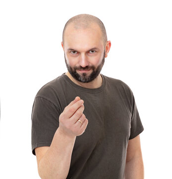 Portrait Of Forty Year Old Man Showing That He Has Want To Get Some Money Isolated On White Background. Bearde Caucasian Man Smaling And Posing In Studio.