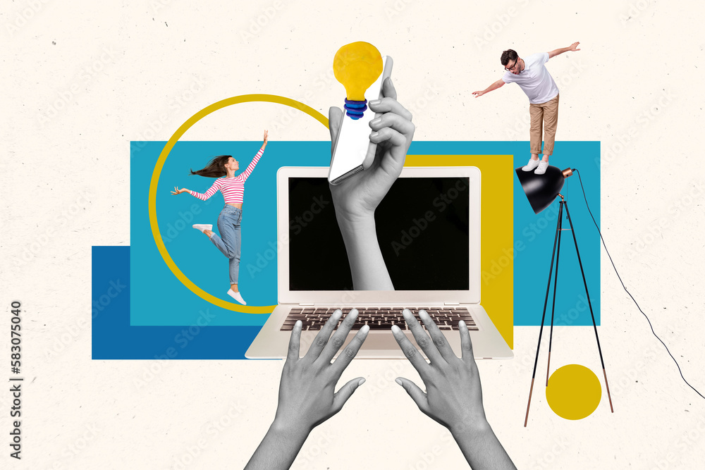 Poster collage of young colleagues working remote hold phone display inside laptop screen eureka decision t