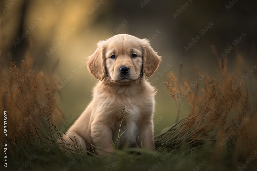 Poster a golden retriever puppy sits on the grass in this out-of-focus image. generative ai
