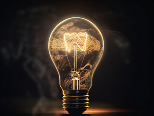 glowing filament in light bulb, concept of creativity, brainstorming and ideas, generative AI