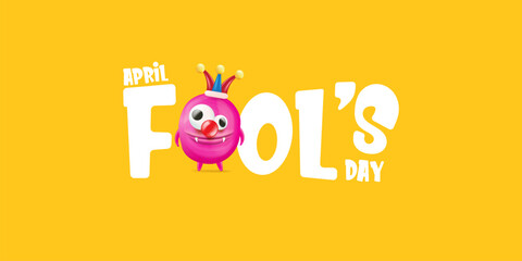 April Fools day funky horizontal banner with silly pink clown monster character isolated on orange background. 1 st april fool day banner, poster, label, flyer and greeting card. Fool day print